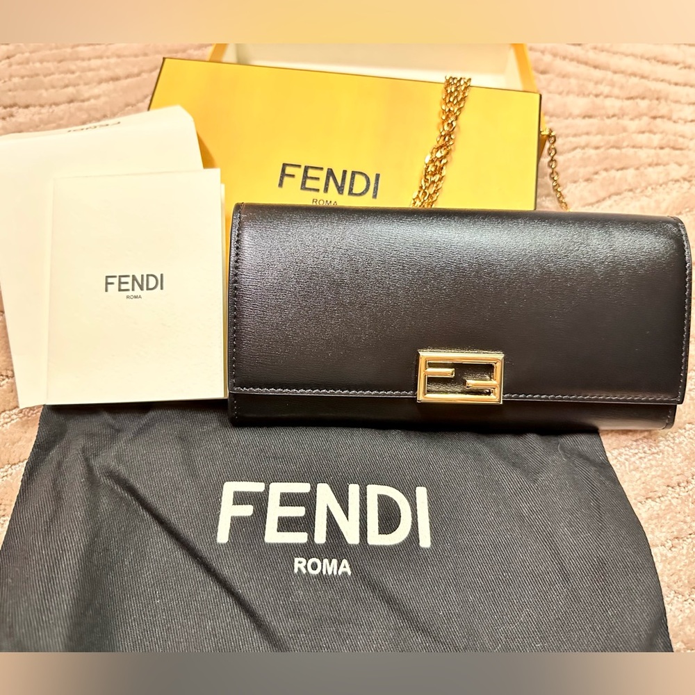 Fendi Leather Black Wallet with Chain 100% Authentic